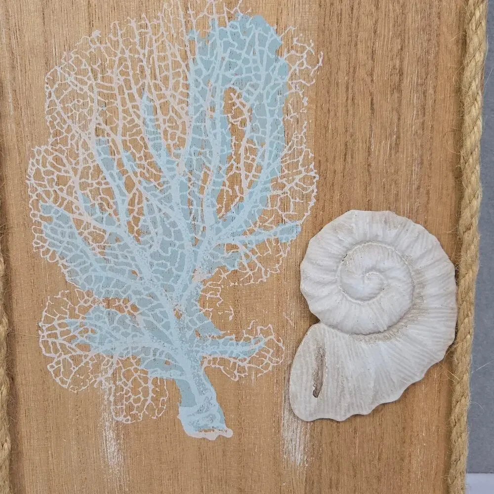 Wooden Coastal Wall Art Decor Rope Trim, Shells, Coral Prints 9.5
